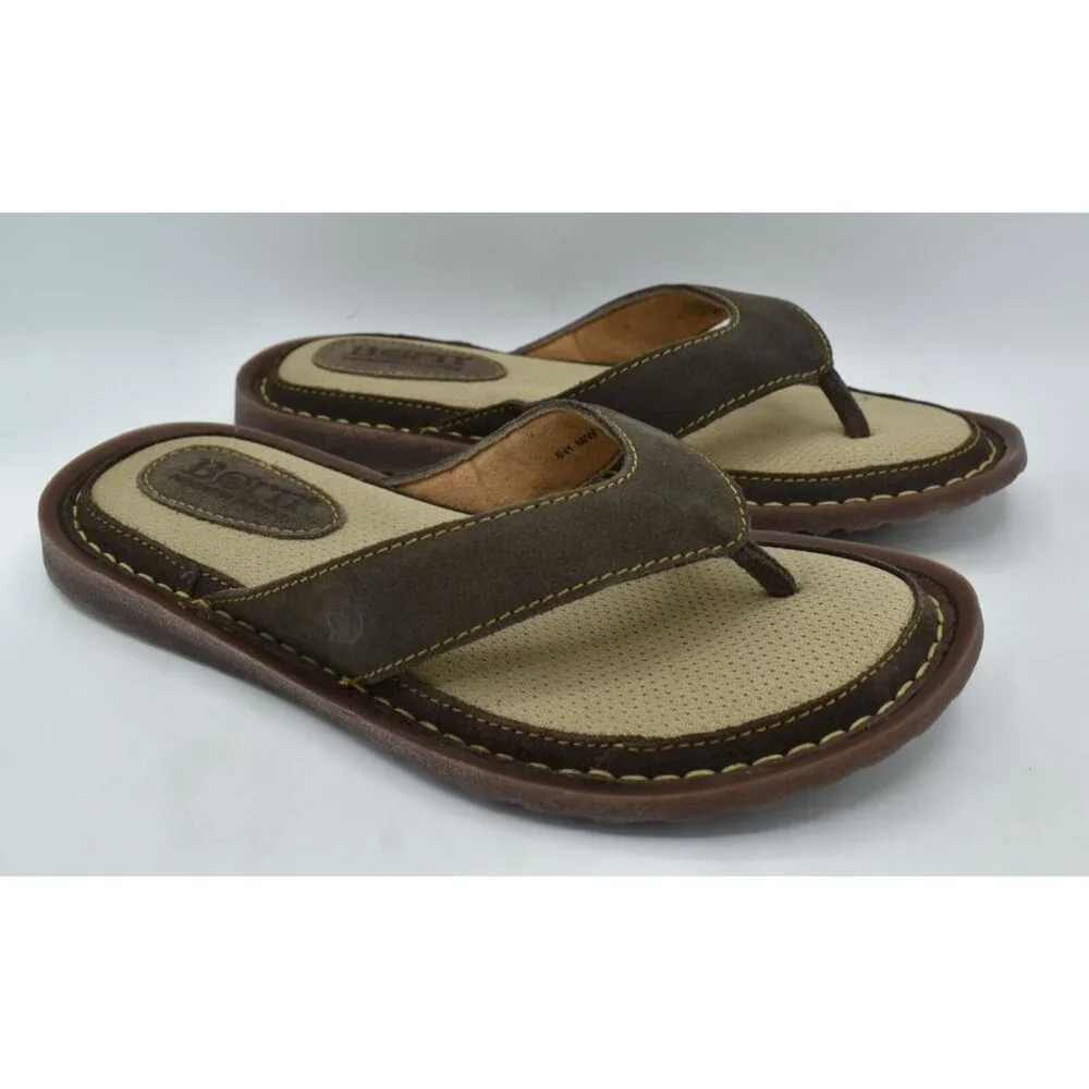 Born Mens Size 8 Owen Dark Grey Distressed Leather Flip Flop Thong Sandals Shoes